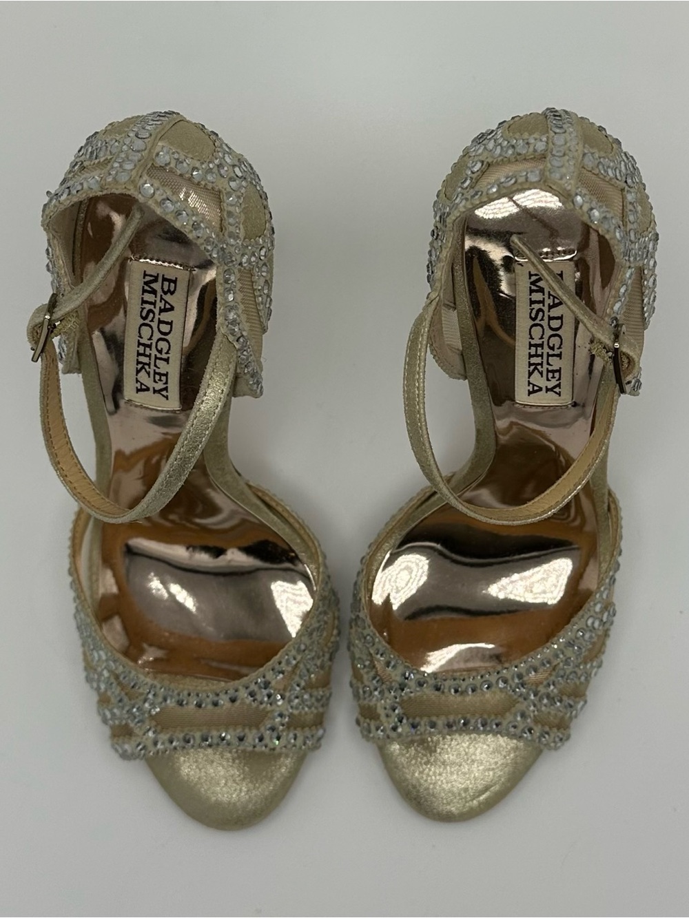 Badgley Mischka Gold Crystal Embellished Open-Toe Ankle Strap Heels